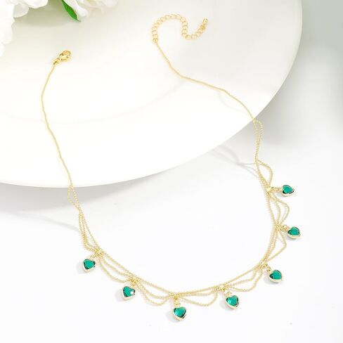 قلادة على شكل قلب أخضر من النحاس المطلي بالذهب عيار 14 قيراط للنساء، قلادة قلادة على شكل قلب أخضر مكعبة من حجر الزركون وحجر الراين، مجوهرات عصرية عصرية للارتداء اليومي وهدايا الحفلات in Kuwait