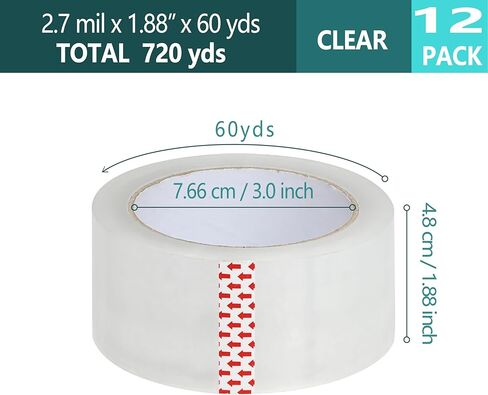 AUSTARK 12 Rolls Clear Packing Tape with Dispenser, Tape Refills 2.7 mil, 1.88 inch x 60 Yards Per Roll, Shipping Tape for Packaging Sealing Moving in Kuwait