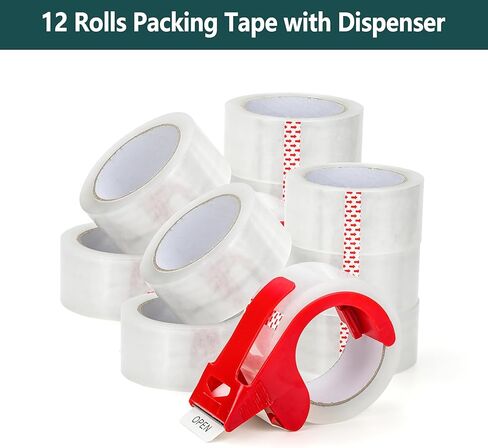 AUSTARK 12 Rolls Clear Packing Tape with Dispenser, Tape Refills 2.7 mil, 1.88 inch x 60 Yards Per Roll, Shipping Tape for Packaging Sealing Moving in Kuwait