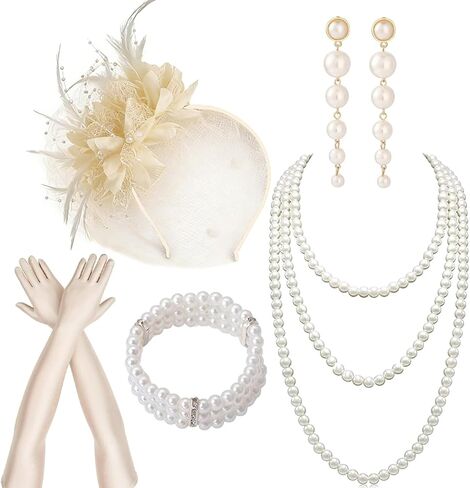 1920s Accessories for Women, Feather Headband Fashion Roaring 20's Theme Set, Pearl Necklace Jewelry Cigarette Rod in Saudi Arabia