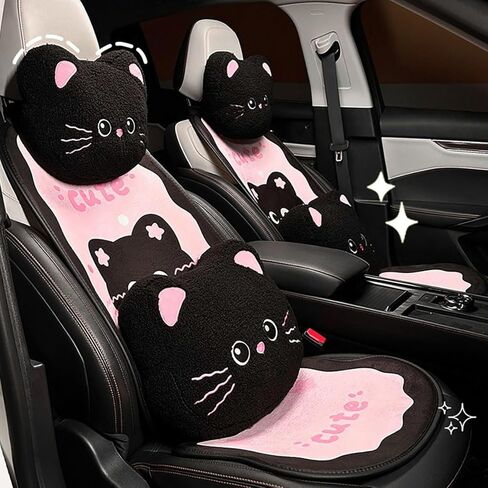 أغطية مقاعد السيارة YUNZLAN Sweet Cat Fun مجموعة كاملة من أغطية المقاعد الأمامية والخلفية مناسبة عالميًا للسيارات والشاحنات وسيارات الدفع الرباعي-Luxury-11PCS-Pink Black in Kuwait