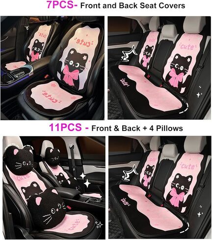 أغطية مقاعد السيارة YUNZLAN Sweet Cat Fun مجموعة كاملة من أغطية المقاعد الأمامية والخلفية مناسبة عالميًا للسيارات والشاحنات وسيارات الدفع الرباعي-Luxury-11PCS-Pink Black in Saudi Arabia