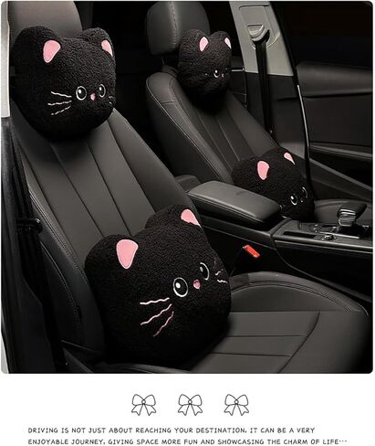 أغطية مقاعد السيارة YUNZLAN Sweet Cat Fun مجموعة كاملة من أغطية المقاعد الأمامية والخلفية مناسبة عالميًا للسيارات والشاحنات وسيارات الدفع الرباعي-Luxury-11PCS-Pink Black in Kuwait