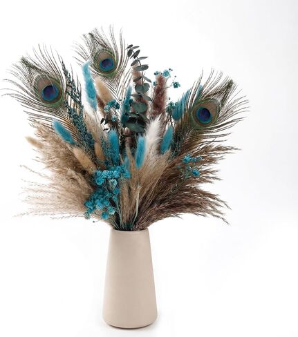 65 قطعة من باقة الزهور المجففة - عشب ذيل الأرنب، الأوكالبتوس، نفس الطفل، ريش الطاووس والقصب - ديكور بوهو ريفي للمنزل، ديكورات للمنزل، الزفاف، أو هدية in Kuwait