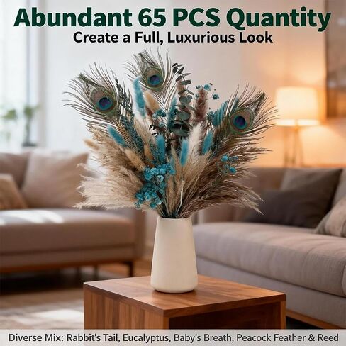 65 قطعة من باقة الزهور المجففة - عشب ذيل الأرنب، الأوكالبتوس، نفس الطفل، ريش الطاووس والقصب - ديكور بوهو ريفي للمنزل، ديكورات للمنزل، الزفاف، أو هدية in Kuwait