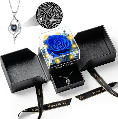 هدايا عيد ميلاد الزهور المحفوظة للنساء، وردة حمراء حقيقية مع قلادة فضية I Love You 925، عيد الحب، الذكرى السنوية، للنساء/الأم/الصديقة/الصديق in Kuwait