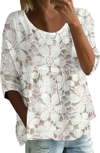 Womens Boho Tops Embroidered Gauze 3/4 Sleeve Shirts Loose Fit Lightweight Floral Blouse Spring Summer Soft Cozy Shirt in Saudi Arabia