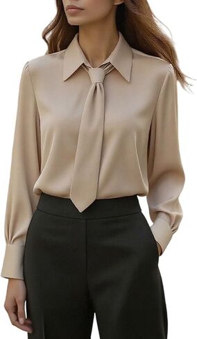 Satin Bow Tie Neck Blouse for Women Long Sleeve Silk Plain Shirt Lightweight Casual Dressy Party Prom Office Work Tops in Saudi Arabia