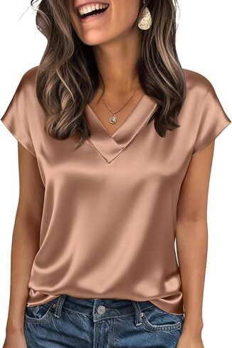 Women Silk Satin Tops Cap Short Sleeve Blouse V Neck Shirts Business OL Work Shirt Casual Going Out Outfits in Saudi Arabia