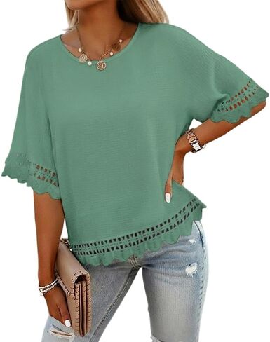 CHICME المرأة الصيف بوهو قمم متأنق عارضة Crewneck قصيرة الأكمام بلوزة كشكش هيم العيينة قمصان الشاطئ عطلة in Saudi Arabia