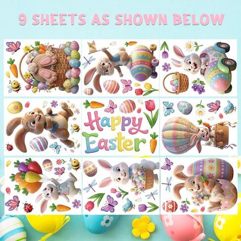 Xzentira 9 Sheets Easter Window Clings Bunny Egg Gel Window Decals for Glass Windows Spring Easter Decorations Home Office Decor in Saudi Arabia