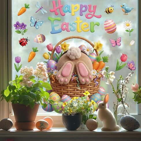 Xzentira 9 Sheets Easter Window Clings Bunny Egg Gel Window Decals for Glass Windows Spring Easter Decorations Home Office Decor in Saudi Arabia