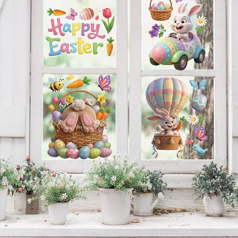Xzentira 9 Sheets Easter Window Clings Bunny Egg Gel Window Decals for Glass Windows Spring Easter Decorations Home Office Decor in Saudi Arabia