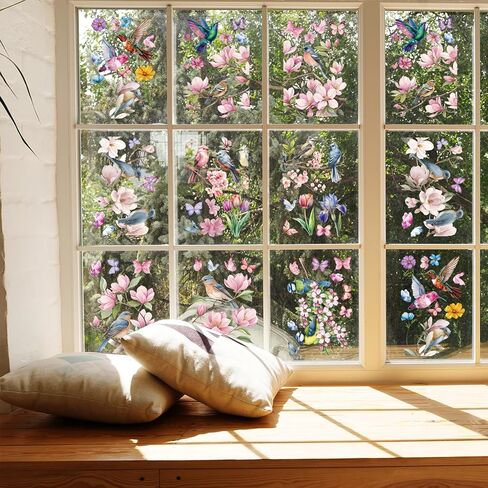 Floral and Bird Window Clings for Glass - 9 Pcs Reusable Spring Summer Window Decals, Removable Window Stickers for Home Decor in Saudi Arabia