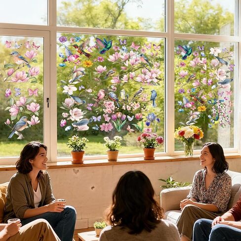 Floral and Bird Window Clings for Glass - 9 Pcs Reusable Spring Summer Window Decals, Removable Window Stickers for Home Decor in Saudi Arabia