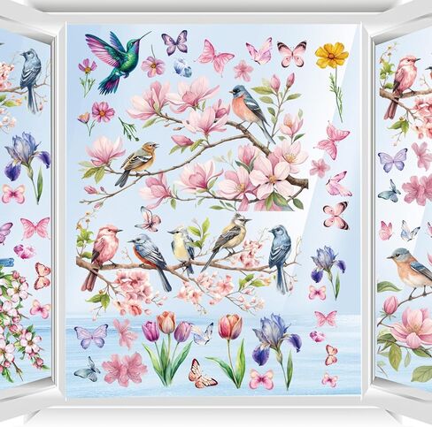 Floral and Bird Window Clings for Glass - 9 Pcs Reusable Spring Summer Window Decals, Removable Window Stickers for Home Decor in Saudi Arabia