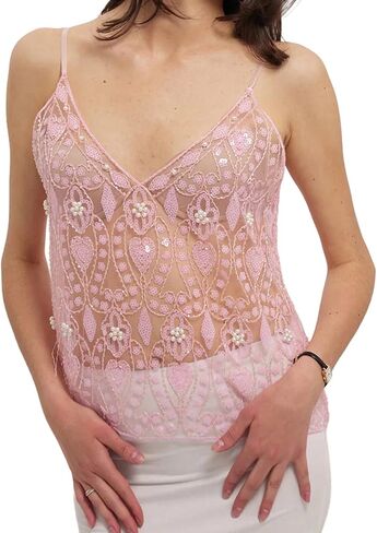 Women Sexy Sequin Halter Top Y2k Sleeveless Sheer Mesh Embroidered Beaded Cami V-Neck Shiny Sparkly Party Club Crop Tops in Saudi Arabia