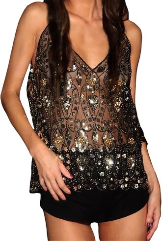 Women Sexy Sequin Halter Top Y2k Sleeveless Sheer Mesh Embroidered Beaded Cami V-Neck Shiny Sparkly Party Club Crop Tops in Saudi Arabia