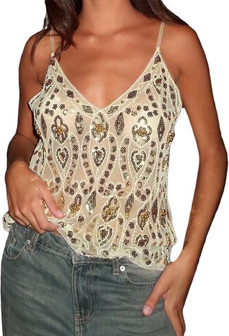 المرأة مثير الترتر الرسن الأعلى Y2k أكمام بقماش شفاف مطرز مطرز كامي الخامس الرقبة لامعة سباركلي نادي الحفلات المحاصيل القمم in Kuwait