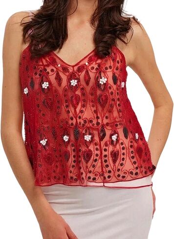 Women Sexy Sequin Halter Top Y2k Sleeveless Sheer Mesh Embroidered Beaded Cami V-Neck Shiny Sparkly Party Club Crop Tops in Saudi Arabia