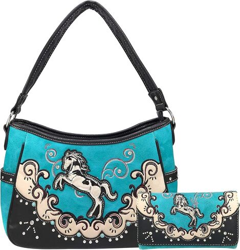 Zelris Western Mustang Horse Turquoise Conceal Carry Women Hobo Purse Wallet Set in Kuwait
