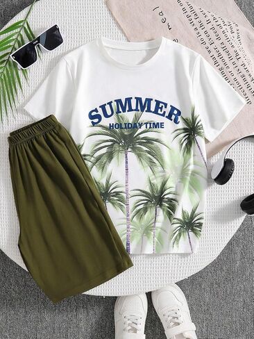 Vacation style boy 2-piece short sleeved T-shirt and shorts set with coconut tree pattern and letter print in Saudi Arabia