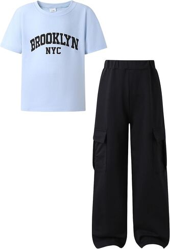 Boys Fashion Clothes 2 Piece Outfits Short Sleeve Top & Stitching Cargo Pocket Pants Spring/Summer Set in Kuwait