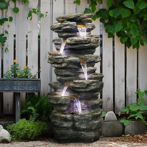 SunJet 40" High 6-Tiers Cascading Rock Outdoor Water Fountain with LED Lights - Large Outdoor Fountains and Waterfalls for Garden or Patio, Yard, and Deck Decor, Featuring Natural Stone Look in Saudi Arabia