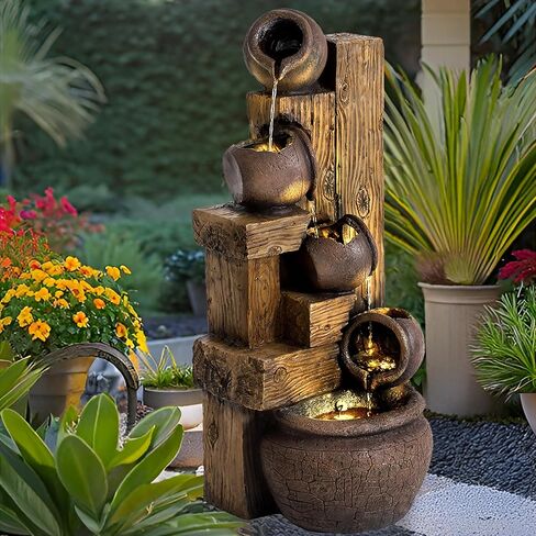 5-Tiers Garden Fountains Outdoor W/LED Light Modern Waterfall Floor-Standing Cascading Water Feature for Patio Deck, Porch, Yard Decor (Brown) in Saudi Arabia