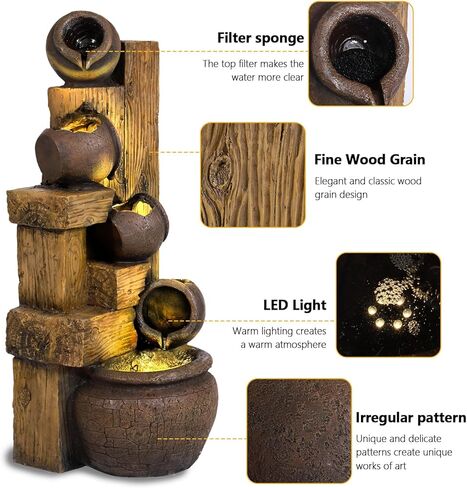 5-Tiers Garden Fountains Outdoor W/LED Light Modern Waterfall Floor-Standing Cascading Water Feature for Patio Deck, Porch, Yard Decor (Brown) in Saudi Arabia