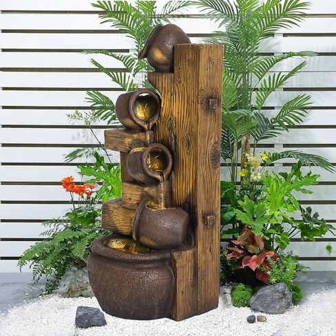 5-Tiers Garden Fountains Outdoor W/LED Light Modern Waterfall Floor-Standing Cascading Water Feature for Patio Deck, Porch, Yard Decor (Brown) in Saudi Arabia