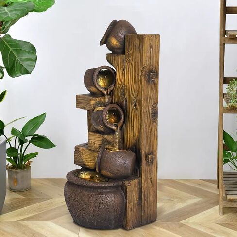 5-Tiers Garden Fountains Outdoor W/LED Light Modern Waterfall Floor-Standing Cascading Water Feature for Patio Deck, Porch, Yard Decor (Brown) in Saudi Arabia