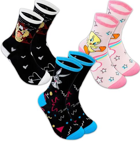مجموعة جوارب لوني تونز - حزمة مع 3 أزواج من الجوارب بطول الطاقم تتميز بملصقات باغز باني وتويتي بيرد والمزيد من الملصقات | ملابس لوني تونز للنساء in Kuwait
