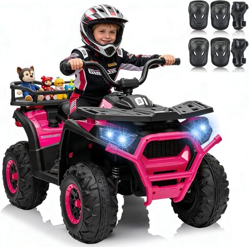 عربة أطفال ATV ذات 4 عجلات، سيارة ركوب 24 فولت 4WD مع وسادات للركبة، موسيقى بلوتوث، مصابيح LED، رف تخزين خلفي، تعليق زنبركي، بداية وفرامل ناعمة آمنة، مركبة كهربائية للأطفال الأولاد والبنات، مقاس L أسود in Saudi Arabia