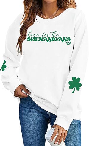 St Patricks Day Sweatshirt Women: St Patricks Day Shirt Cute Here for The Shenanigans Sweatshirts Casual Irish Shirts in Saudi Arabia