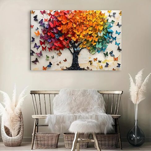 فراشة ملونة قماش جدار الفن الطباعة، فراشة شجرة ملصق جدار ديكور اللوحة، شجرة الحياة صورة لجدار غرفة المعيشة الحمام غرفة نوم ديكور المنزل 12 * 18 في مؤطرة in Kuwait