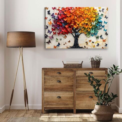 فراشة ملونة قماش جدار الفن الطباعة، فراشة شجرة ملصق جدار ديكور اللوحة، شجرة الحياة صورة لجدار غرفة المعيشة الحمام غرفة نوم ديكور المنزل 12 * 18 في مؤطرة in Kuwait