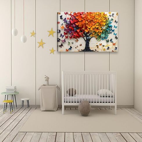 فراشة ملونة قماش جدار الفن الطباعة، فراشة شجرة ملصق جدار ديكور اللوحة، شجرة الحياة صورة لجدار غرفة المعيشة الحمام غرفة نوم ديكور المنزل 12 * 18 في مؤطرة in Kuwait