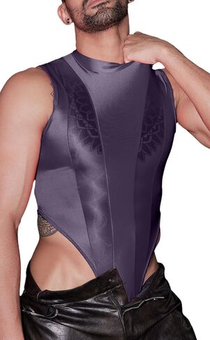 SEAUR Mens Bodysuit Patchwork Underwear Glossy Lingerie Sheer Thong Nightclub Singlet Rave Outfit in Saudi Arabia