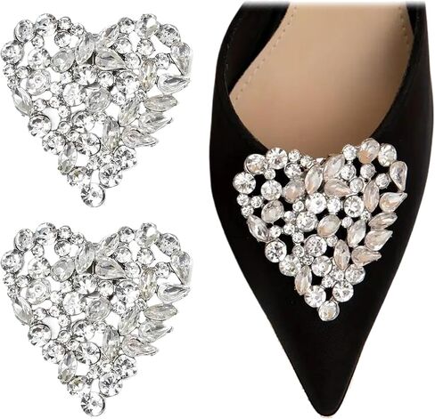 قطعتان من الأحذية ذات القلب الفضي 2.16 * 2.36 بوصة من أحجار الراين ملحقات تزيين الأحذية مشبك خلفي معدني للصنادل ذات الكعب العالي المسطح مشبك بروش للنساء لحفلات الزفاف والحياة اليومية in Kuwait