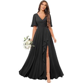 Sukleet Women's Flutter Sleeve Bridesmaid Dress Long for Wedding V Neck Ruffled Chiffon Formal Dress with Slit in Saudi Arabia