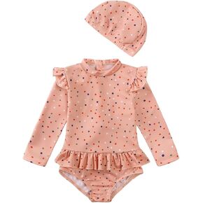 بدلة سباحة للفتيات من Kids Tales مع قبعة للأطفال الصغار قطعة واحدة مكشكشة وأكمام طويلة وواقي من الطفح الجلدي وسحاب مطبوع in Kuwait