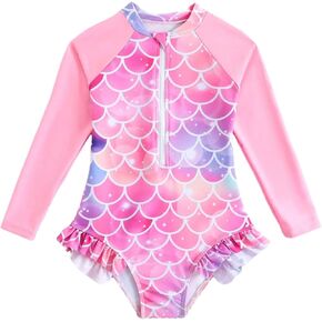 GORGLITTER Girl's Swimsuit Scale Ruffle Long Sleeve Rash Guard Sun Protection One Piece Bathing Suit Cute Swimwear in Saudi Arabia