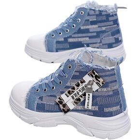 Women's High-Top Denim Sneakers with Side Zipper - Comfortable Thick Sole Casual Shoes, Versatile Fashion Athletic Footwear, Soft Insole, Hand-Washable, All-Season Wear, High Top Sneakers in Kuwait