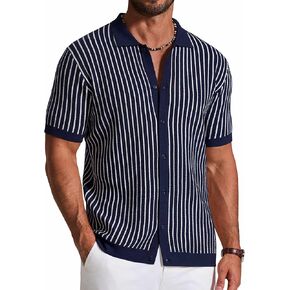 COOFANDY Mens Knit Button Down Shirts Short Sleeve Polo Shirt Vintage Striped Casual Shirts in Saudi Arabia