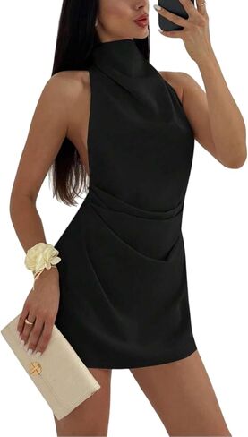 SISKIN Halter Backless Mini Dresses for Women Satin High Neck Sleeveless Formal Wedding Guest Party Dresses in Saudi Arabia