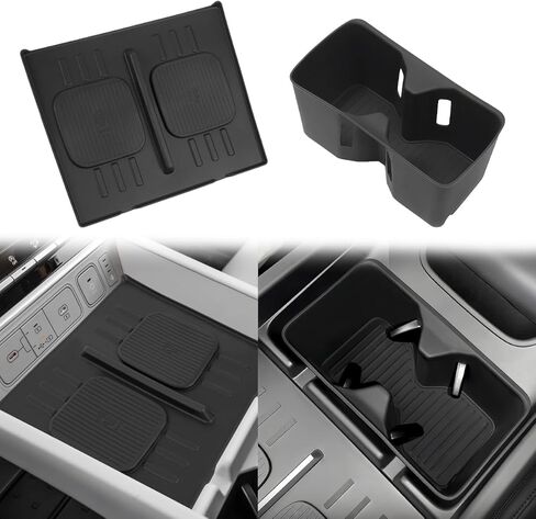 2PCS Water Cup Holder Insert & Wireless Charging Protective Mat Compatible with Hyundai Santa Fe 2024 2025 Accessories, Center Console Silicone Cup Holder Wireless Charging Pad Protector Black in Kuwait