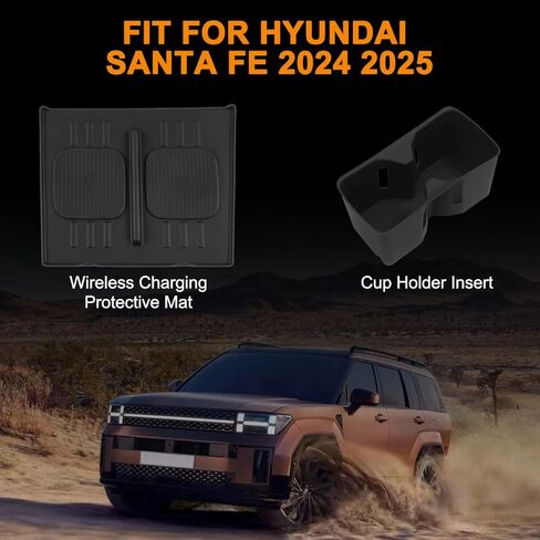 قطعتان من حامل أكواب الماء وحصيرة واقية للشحن اللاسلكي متوافقة مع ملحقات Hyundai Santa Fe 2024 2025، وحدة التحكم المركزية حامل أكواب السيليكون ووسادة شحن لاسلكية باللون الأسود in Kuwait
