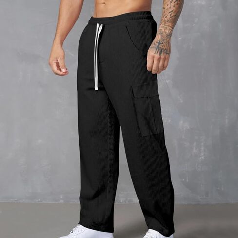 Men's Baggy Cargo Corduroy Pants,Casual Relaxed Fit Drawstring Elastic Waist Pants with Utility Pockets for Daily Wear in Saudi Arabia