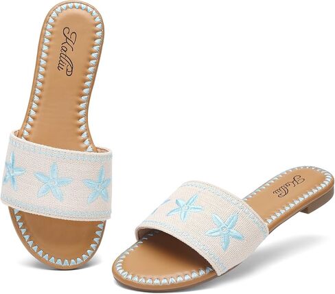 katliu Women's Flat Sandals, Boho Embroidery Floral Sandals, Vacation Slide Sandals in Saudi Arabia